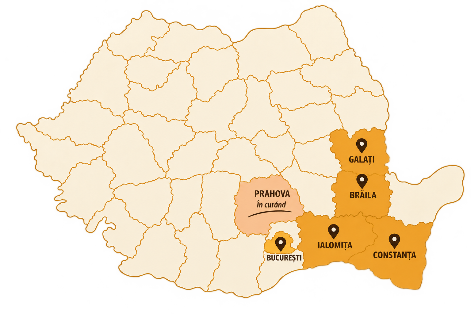 Harta zonelor de distribuție: Brăila, Galați, Ialomița, Constanța și București